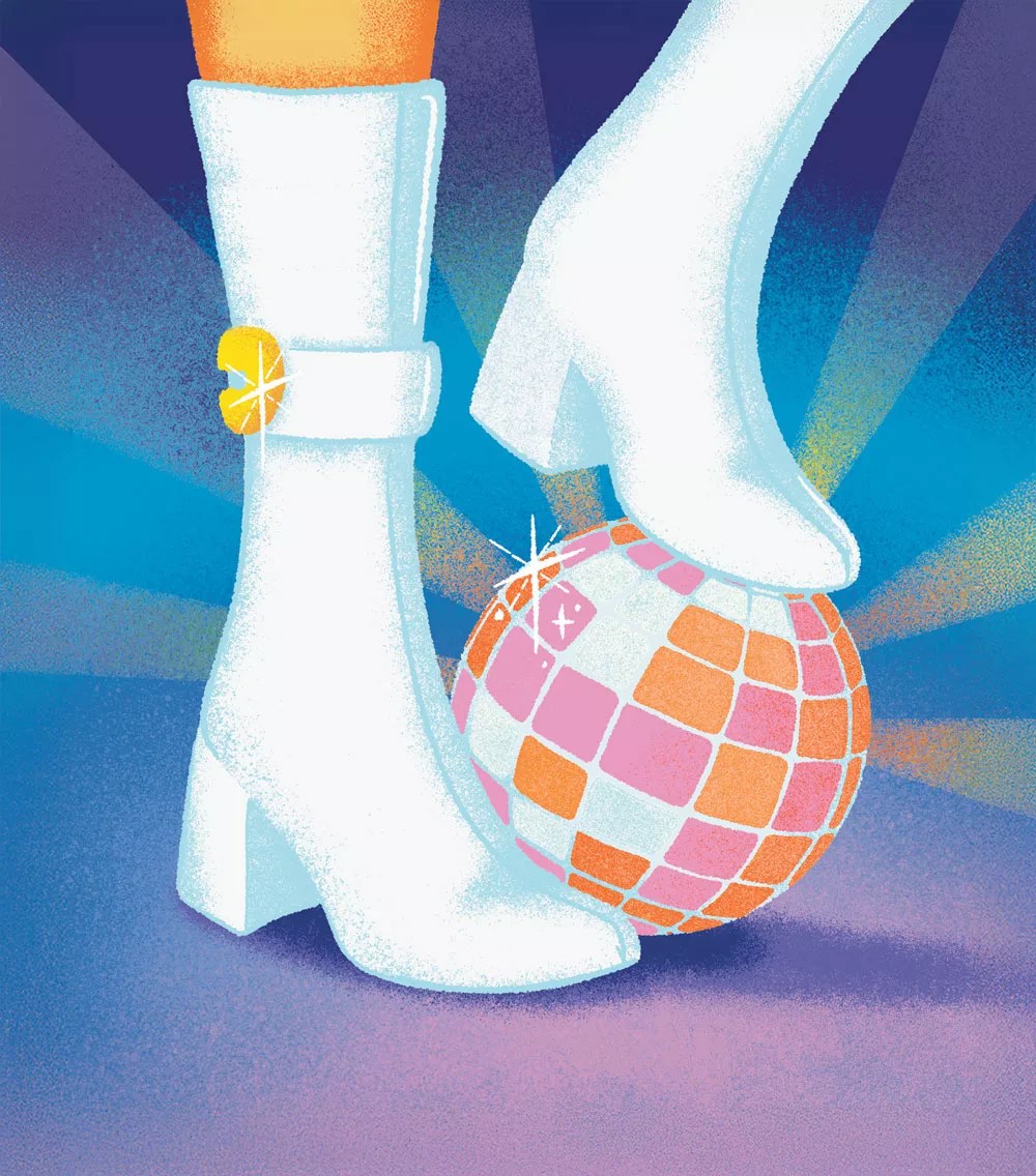 A pair of go-go boots and a disco ball