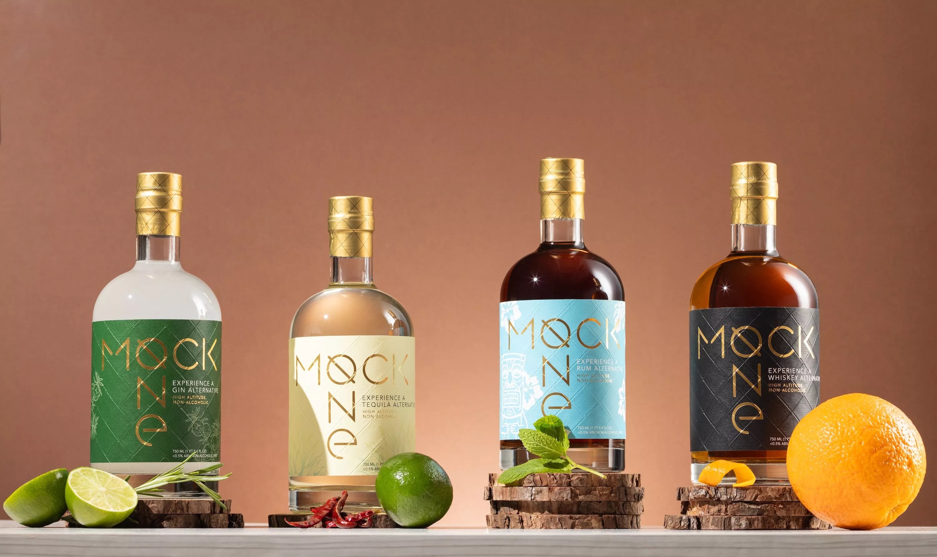 Four bottles of non-alcoholic gin, tequila, rum and whiskey from Mock One