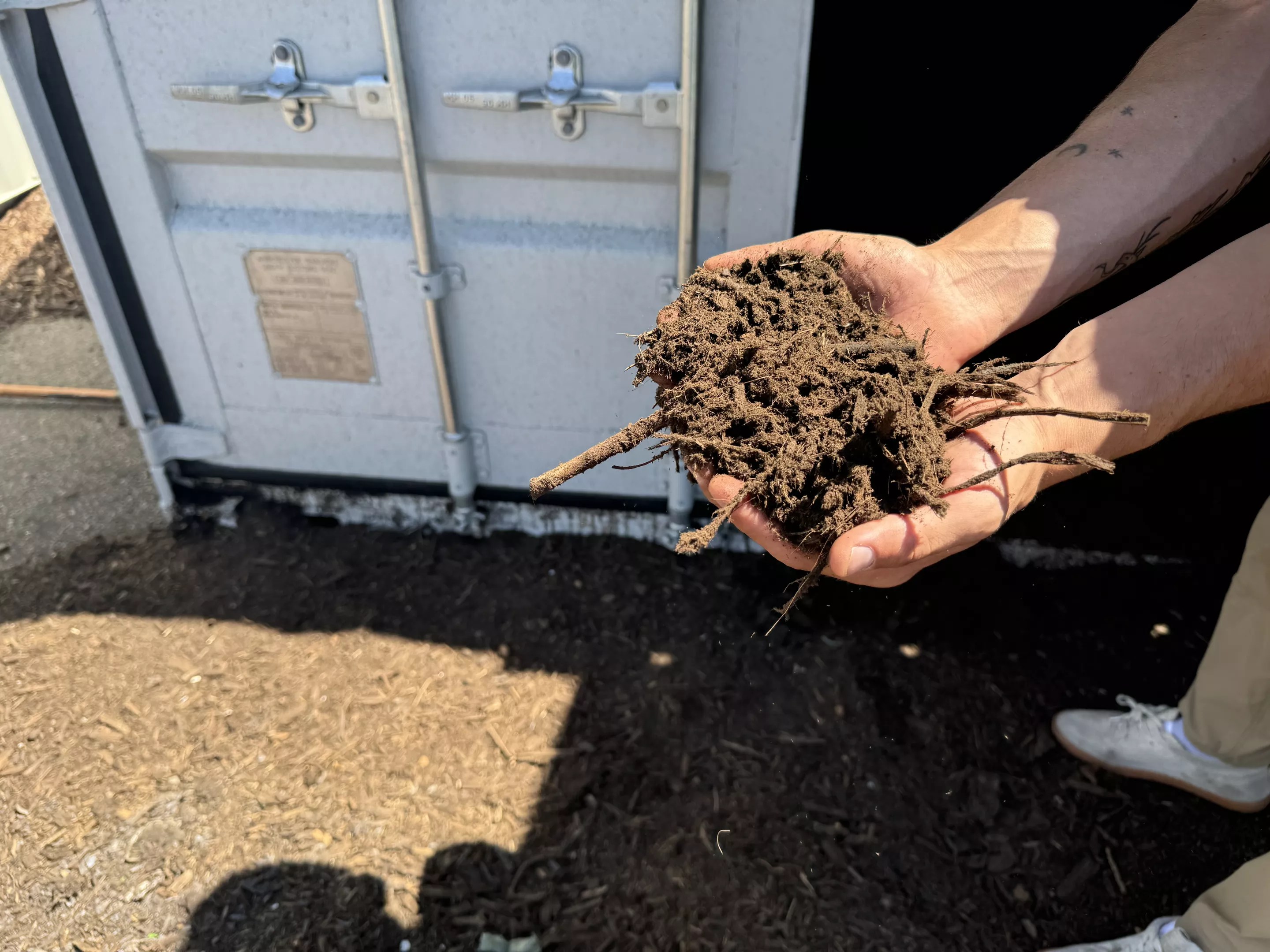Man holds composted dirt