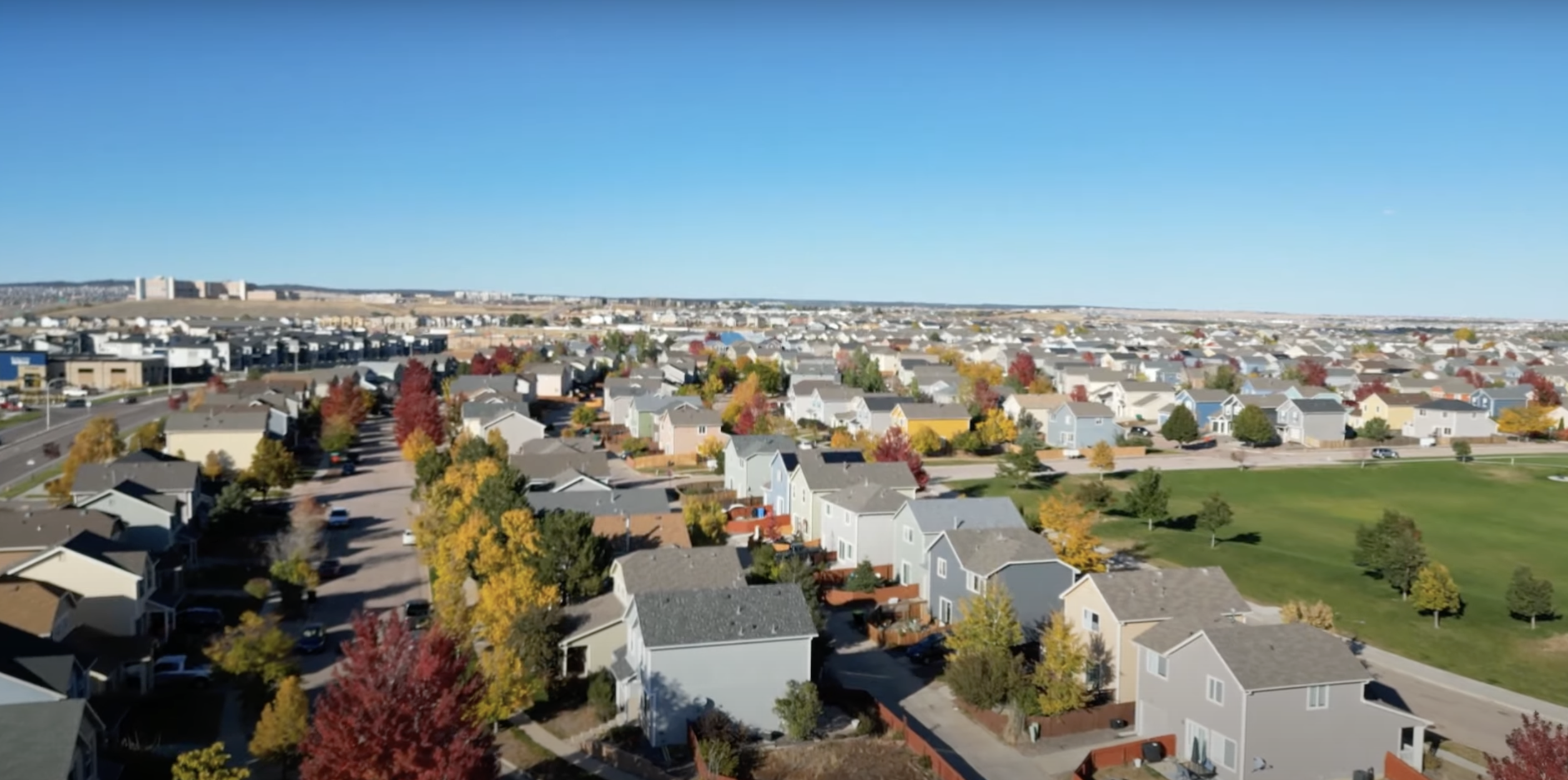 An overhead view of a neighborhood in the fall
