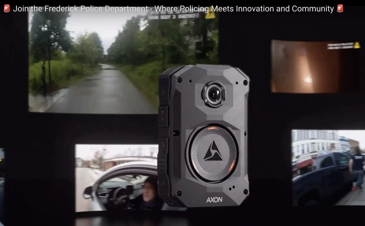 A recruiting video for the Frederick Police Department advertises its use of Axon's Draft One AI police report software
